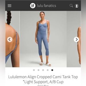 Lululemon Oasis Blue Cropped Cami Tank Top
